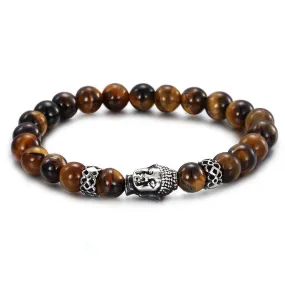 Retro European and American Men's Buddha Head Tiger Eye Beads Bracelet in Titanium Steel