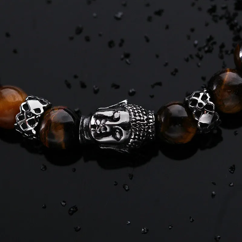 Retro European and American Men's Buddha Head Tiger Eye Beads Bracelet in Titanium Steel