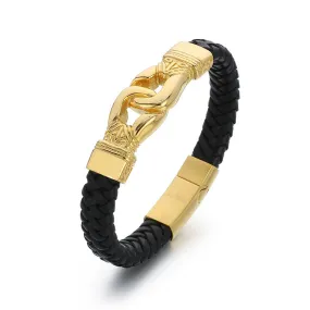 Retro Punk Woven Leather Bracelet with Stainless Steel Accents for Men