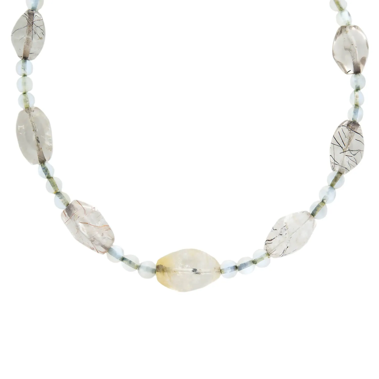 Retro Rainbow Moonstone Bead   Rutilated/Tourmalated Quartz Necklace with 14kt Clasp