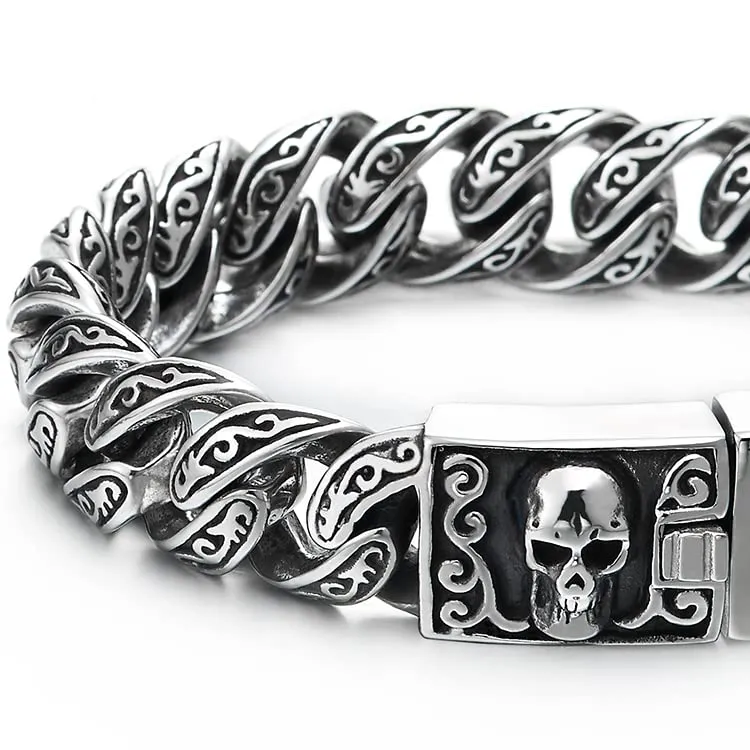 Retro Style Mens Women Steel Filigree Tattoo Patterns Curb Chain Bracelet with Skull Box Clasp