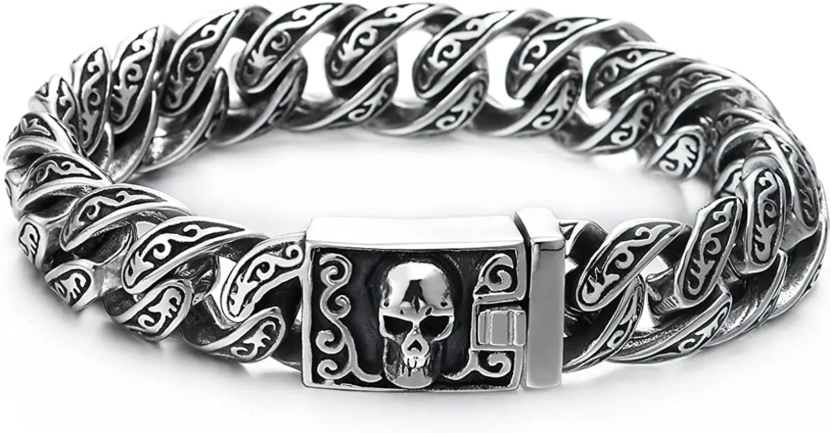 Retro Style Mens Women Steel Filigree Tattoo Patterns Curb Chain Bracelet with Skull Box Clasp