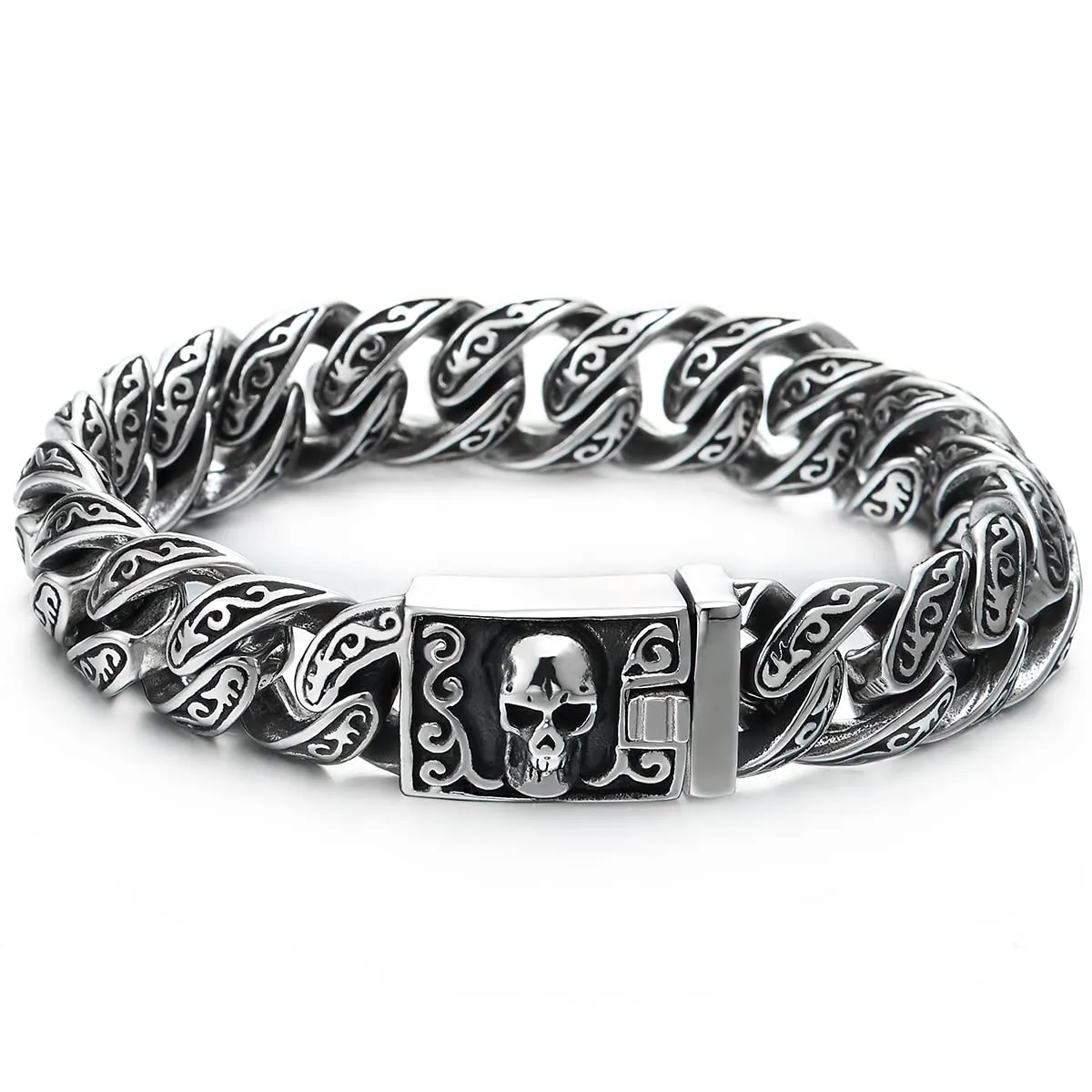 Retro Style Mens Women Steel Filigree Tattoo Patterns Curb Chain Bracelet with Skull Box Clasp