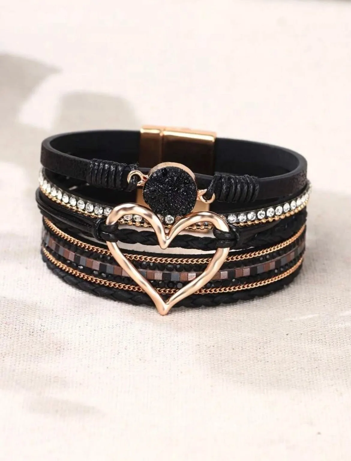 Rhinestone Heart Wrap Bracelet - Black