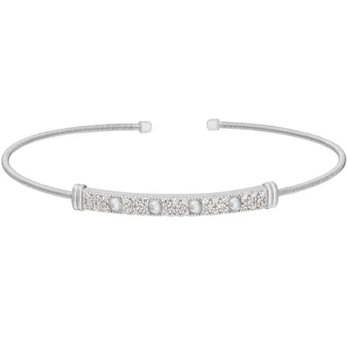 Rhodium Finish Sterling Silver Cable Cuff Bracelet with Four Beads & Simulated Diamonds