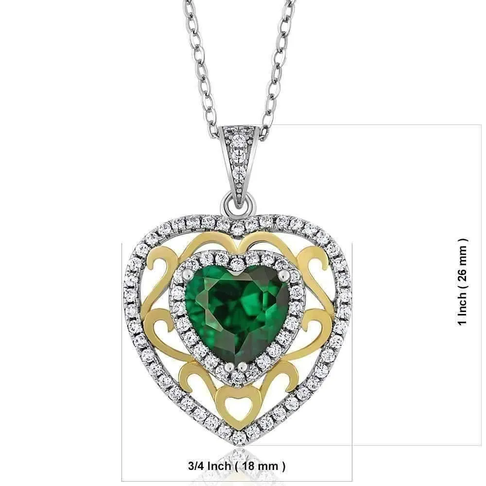 Romance Green Nano Emerald Heart IOBI Precious Gems Sterling Silver and 18K Yellow Gold Pendant Necklace for Women