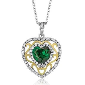 Romance Green Nano Emerald Heart IOBI Precious Gems Sterling Silver and 18K Yellow Gold Pendant Necklace for Women