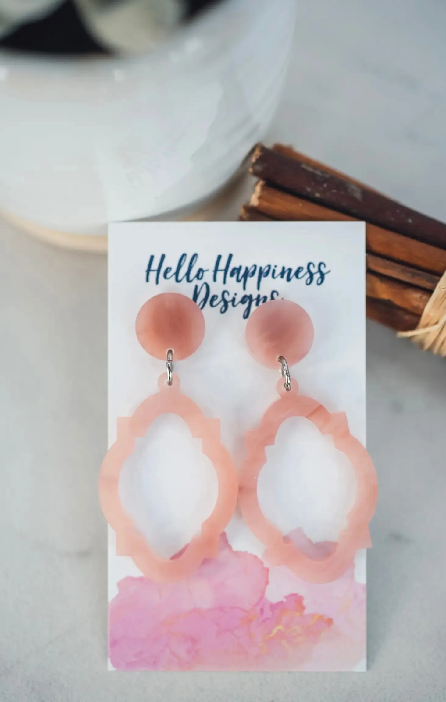 Rose Quartz Acrylic Moroccan Tile Dangle Earrings