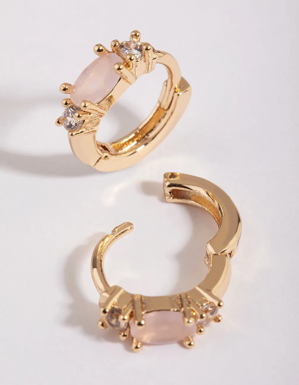 Rose Quartz & Diamante Huggie Hoop Earrings