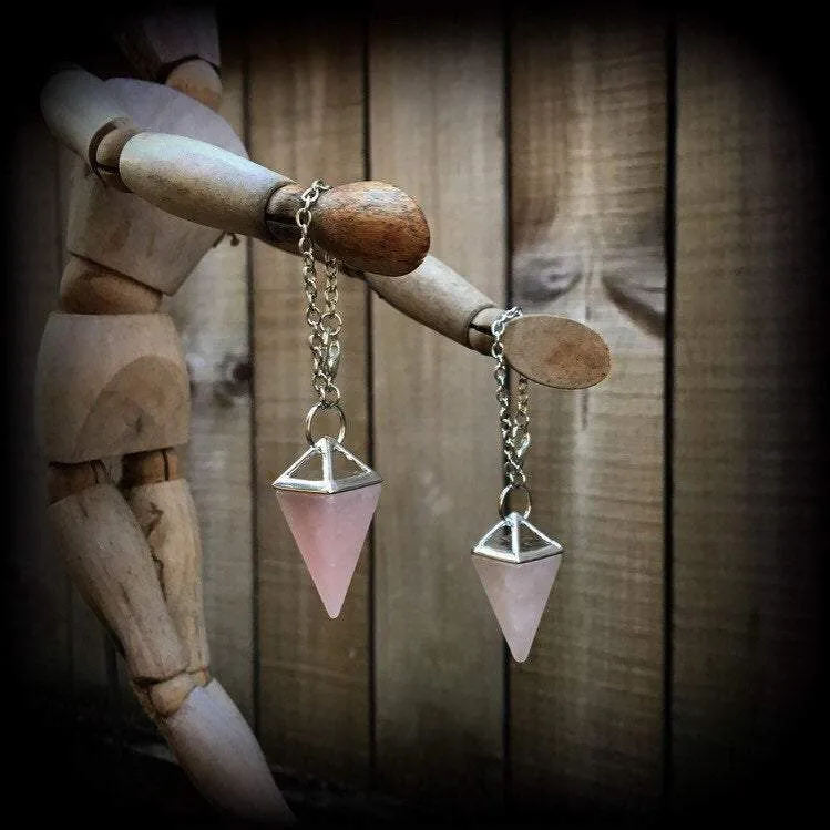 Rose quartz earrings-Tunnel dangles