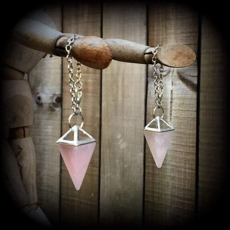 Rose quartz earrings-Tunnel dangles