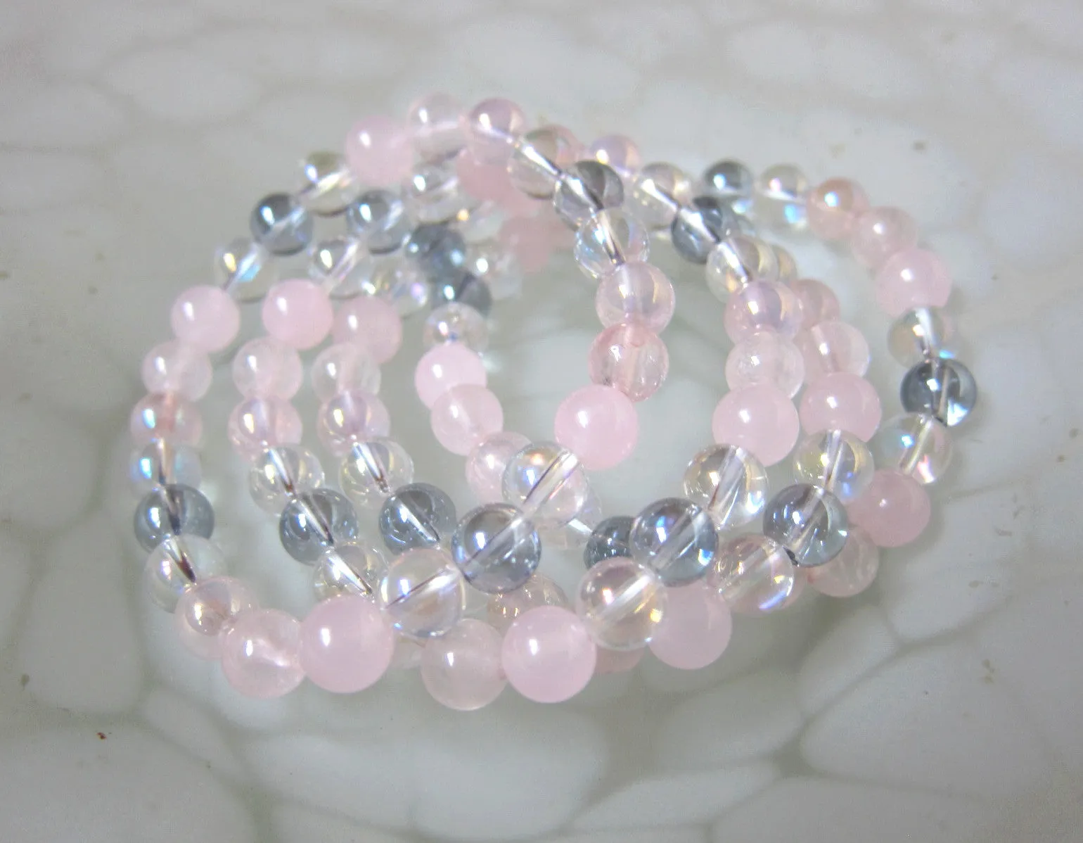 Rose Quartz, Pink Chalcedony, Aura Quartz - Pink Fairy Mala Bracelet