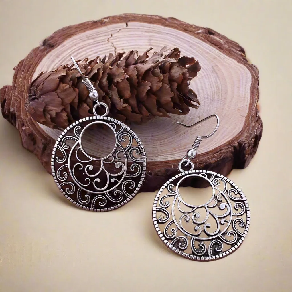 Round Boho Scroll Silver Patina Hook Earrings for Woman