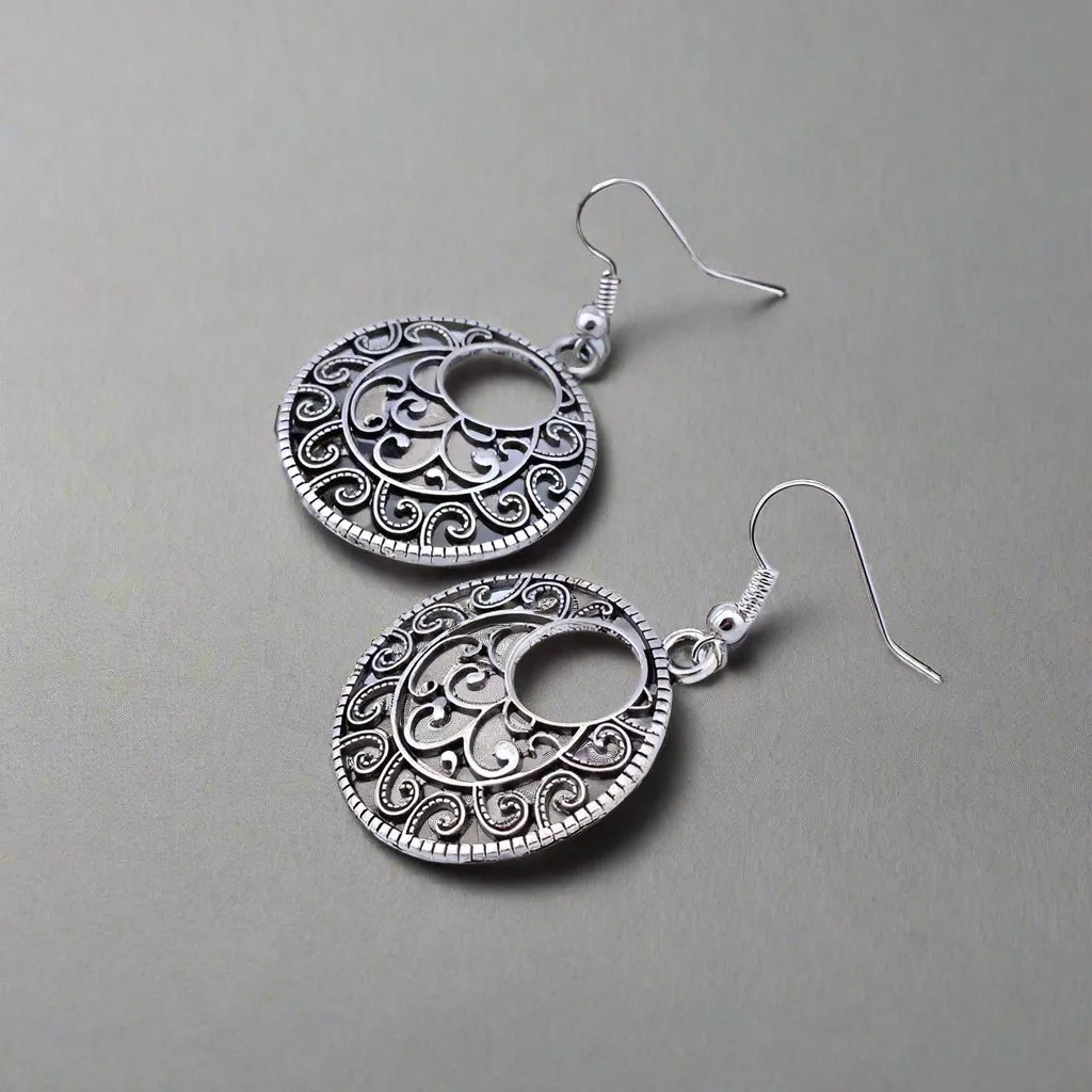 Round Boho Scroll Silver Patina Hook Earrings for Woman