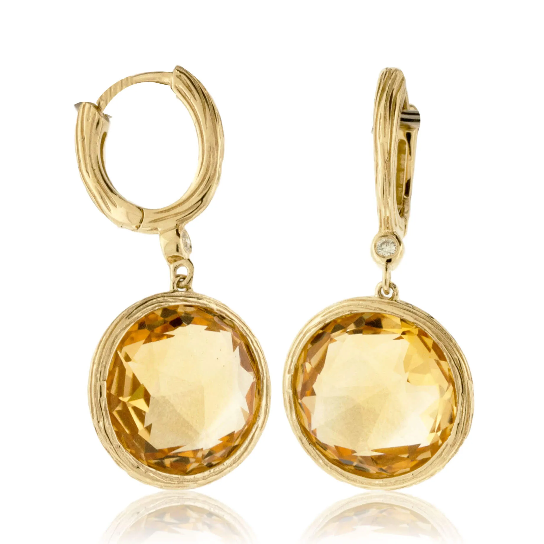 Round Citrine Dangle Earrings in Yellow Gold