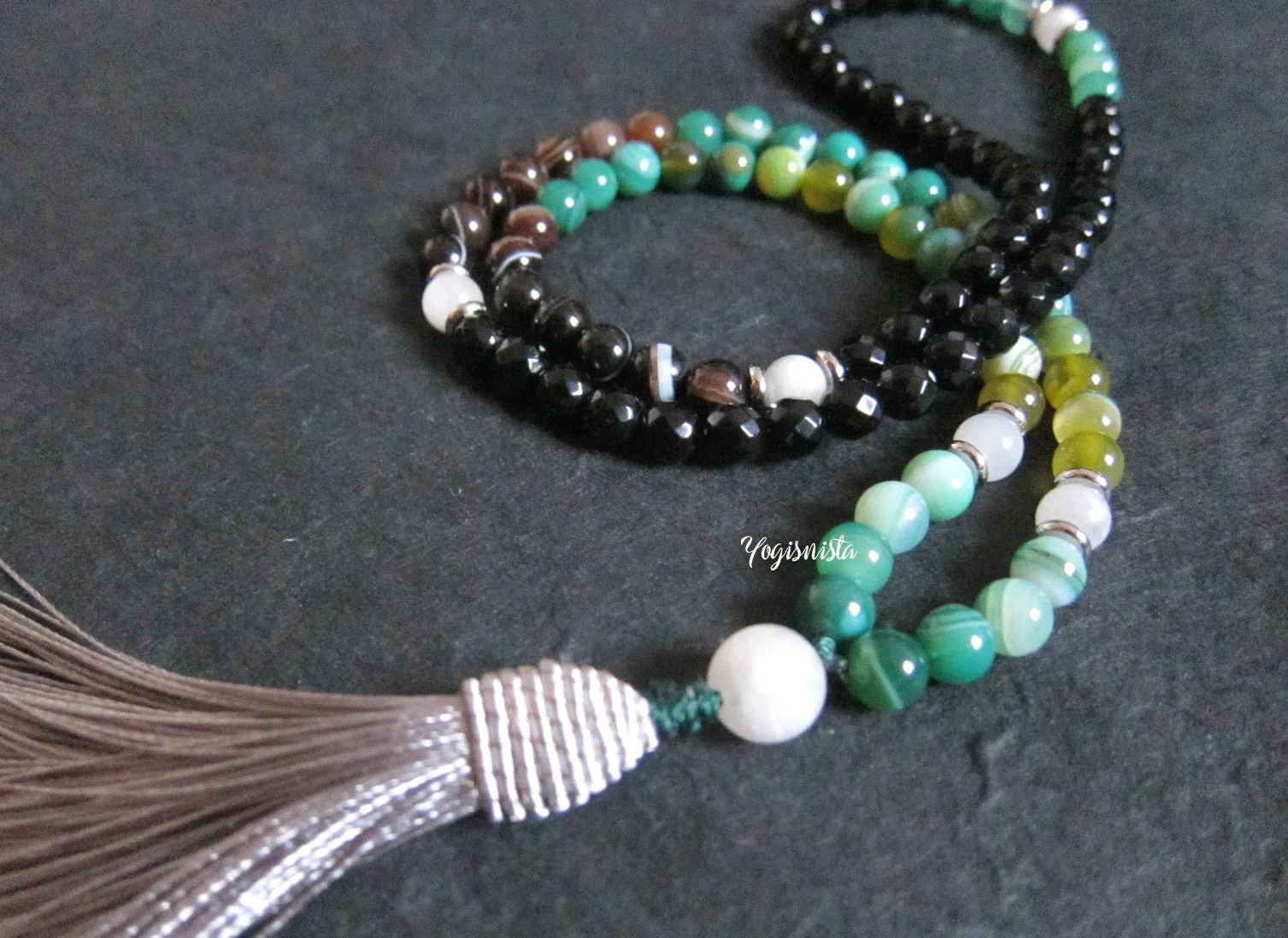 SALE - 108 Beaded Tassel Necklace in Moonstone, Green, Black Agate