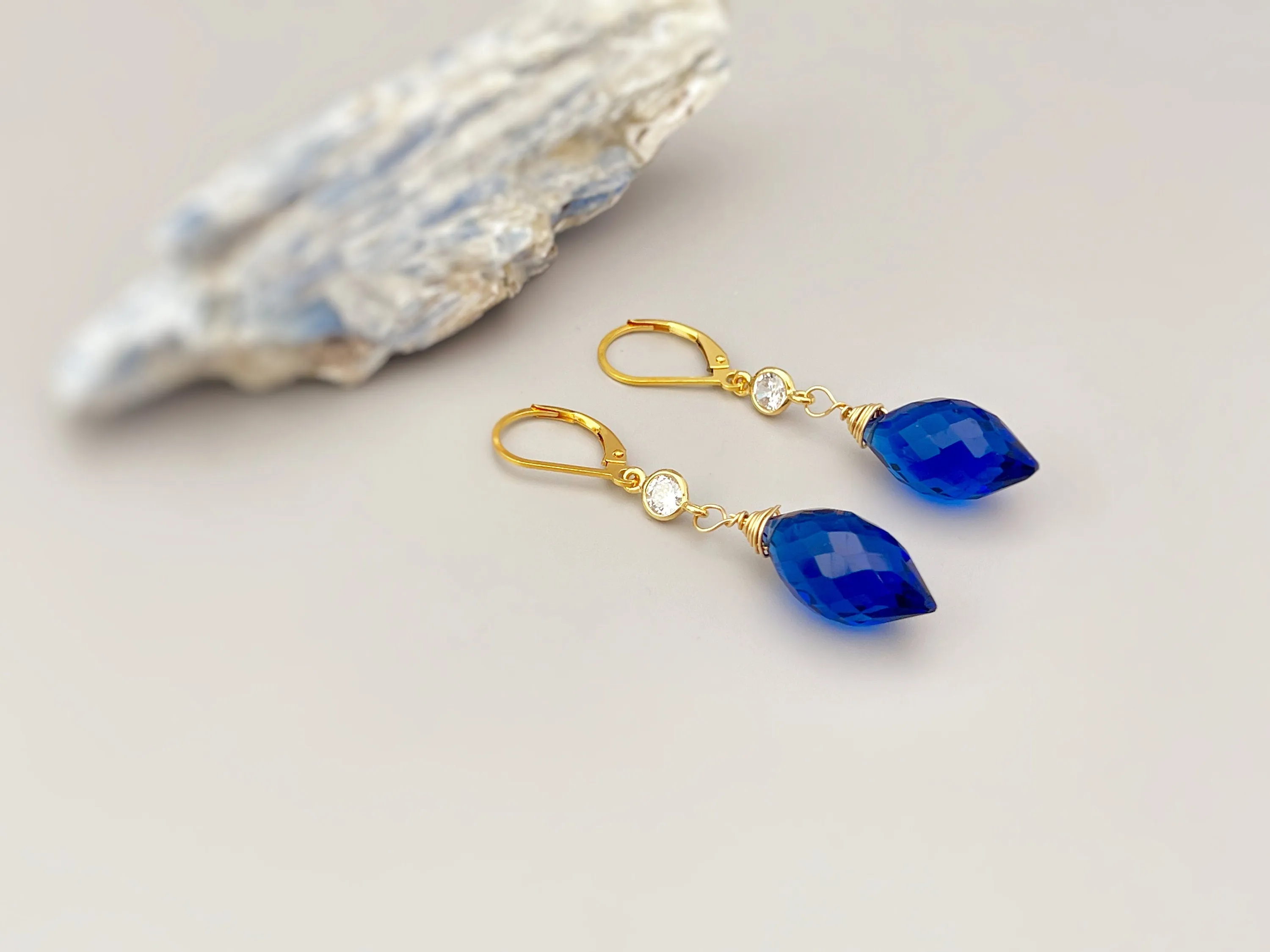 Sapphire Blue Quartz earrings dangle gold, silver