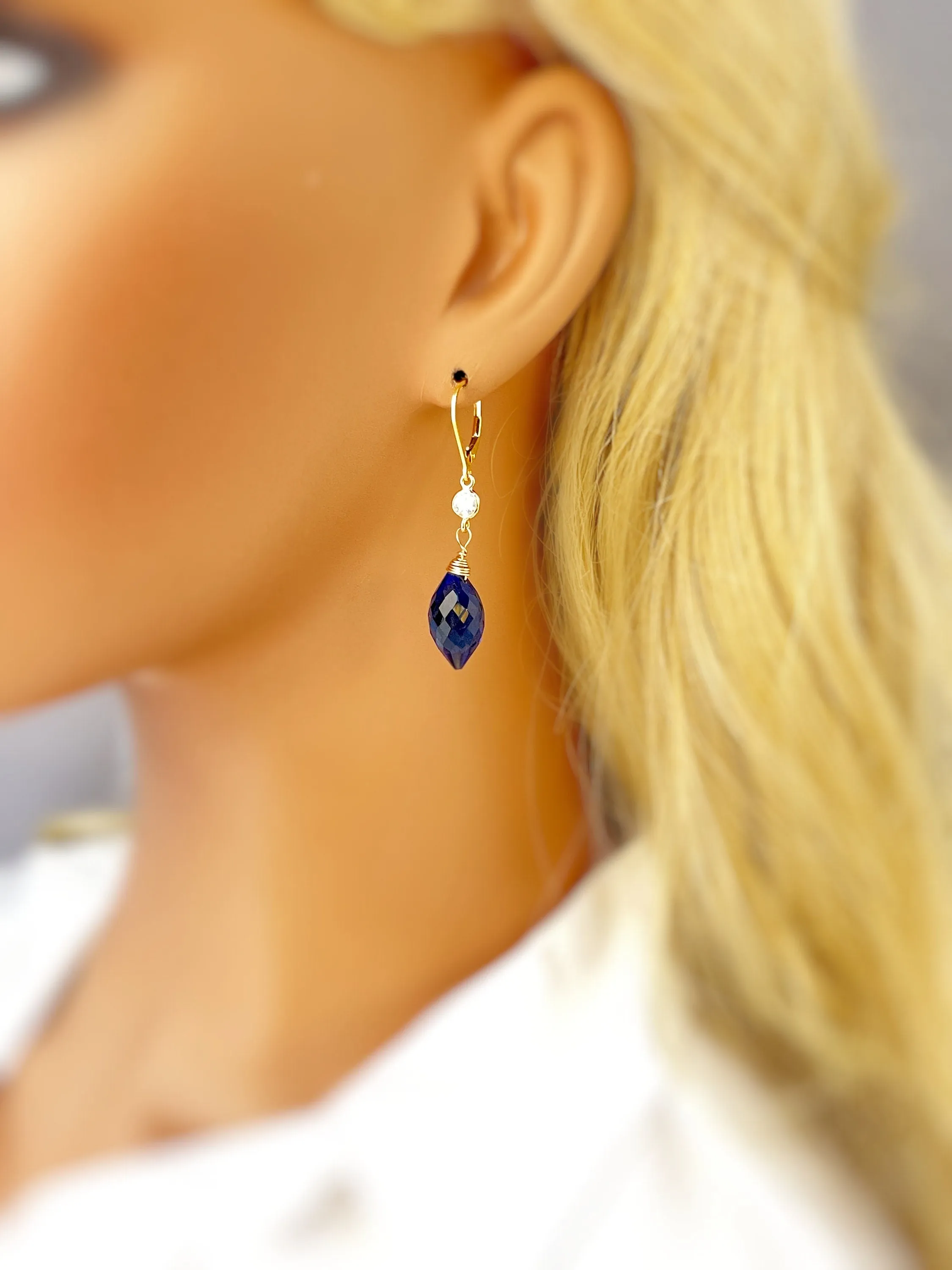 Sapphire Blue Quartz earrings dangle gold, silver