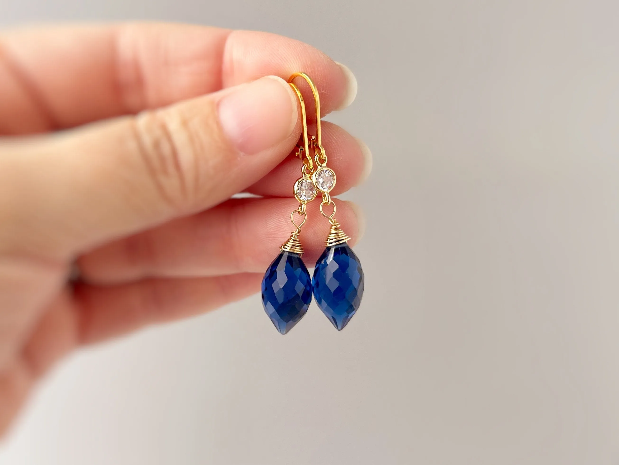 Sapphire Blue Quartz earrings dangle gold, silver