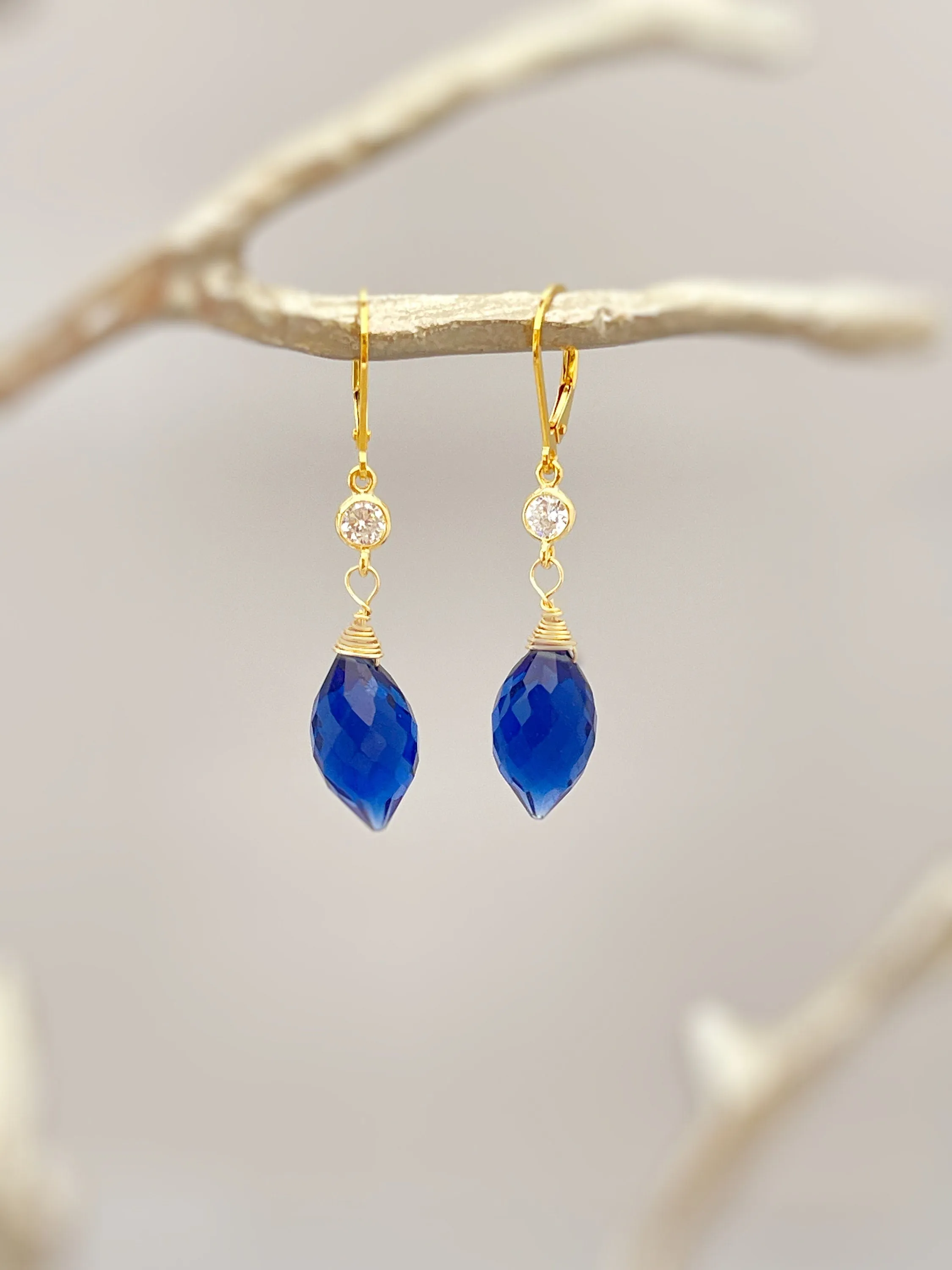 Sapphire Blue Quartz earrings dangle gold, silver