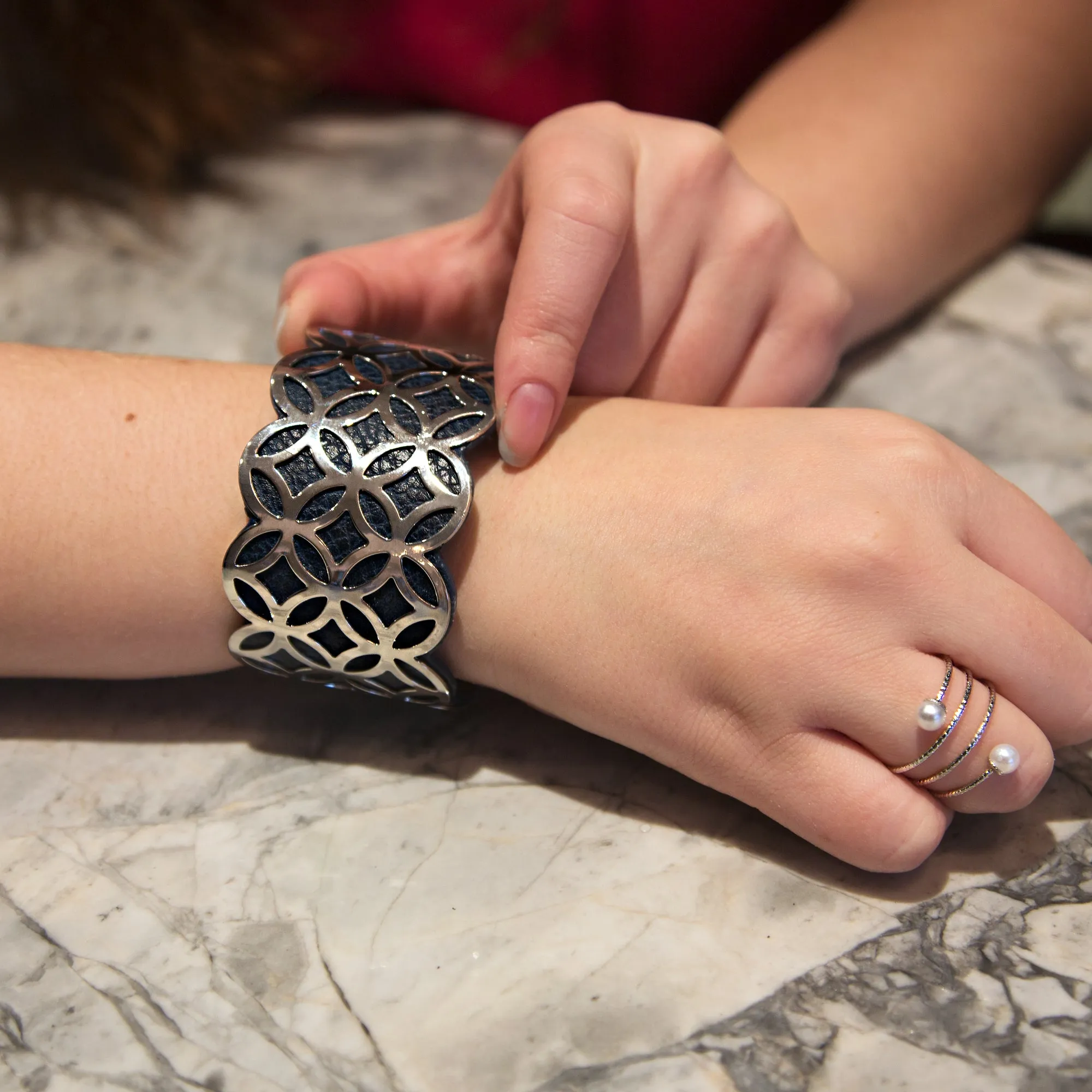 Silver & Navy 1.75" Geometric Cuff Bracelet