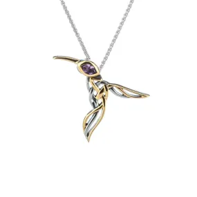 Silver and 10k Gold Hummingbird Pendant-Amethyst/Blue Topaz/White Cubic Zirconia/Rhodolite