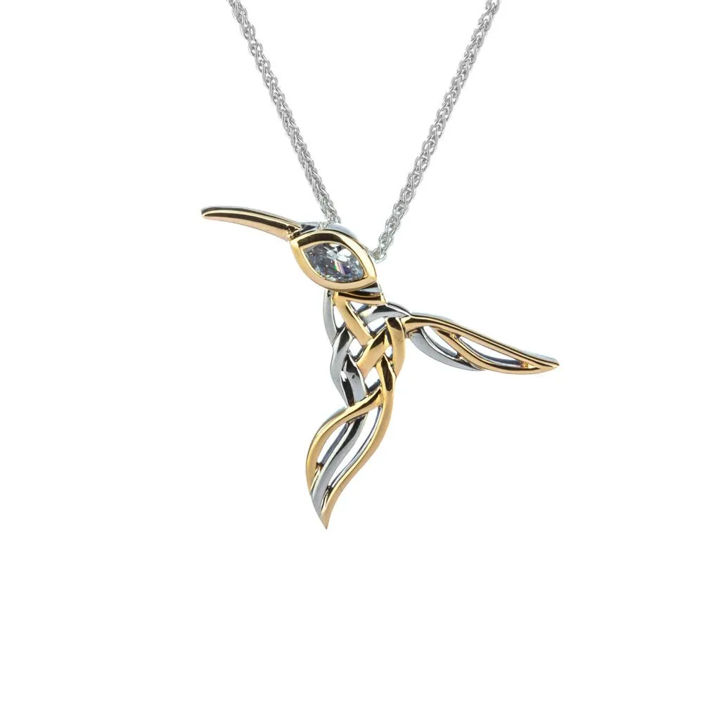 Silver and 10k Gold Hummingbird Pendant-Amethyst/Blue Topaz/White Cubic Zirconia/Rhodolite