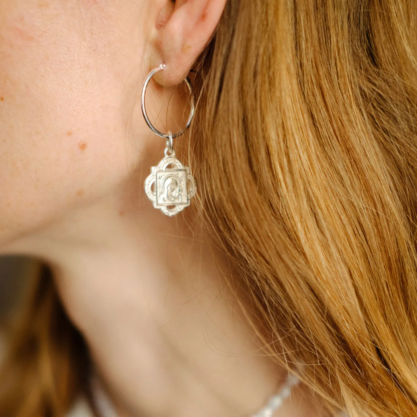 Silver Hoop Earrings with Madonna and Child Pendant