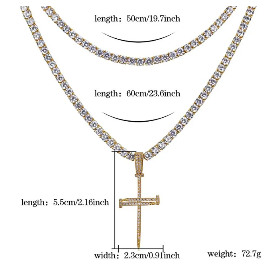 Skinny Nail Cross Necklace Simulated Diamond Cross Pendant Tennis Chain Hip Hop Jewelry Small Jesus Nail Cross Gold Silver Color Metal Alloy 24in.