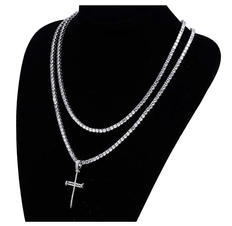 Skinny Nail Cross Necklace Simulated Diamond Cross Pendant Tennis Chain Hip Hop Jewelry Small Jesus Nail Cross Gold Silver Color Metal Alloy 24in.