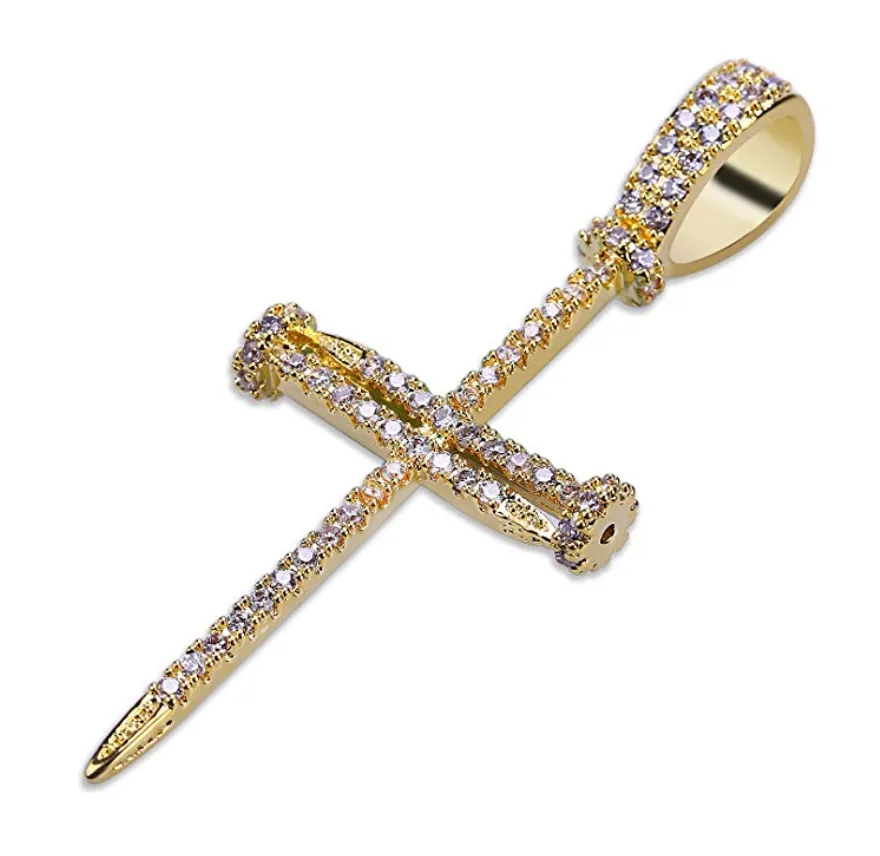 Skinny Nail Cross Necklace Simulated Diamond Cross Pendant Tennis Chain Hip Hop Jewelry Small Jesus Nail Cross Gold Silver Color Metal Alloy 24in.