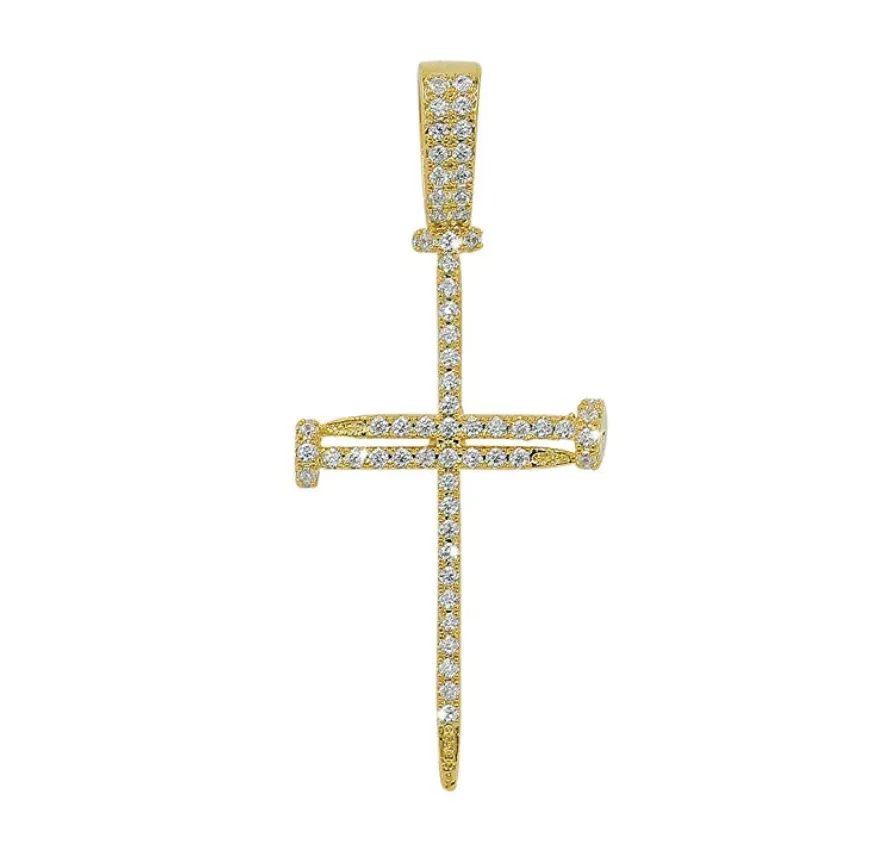 Skinny Nail Cross Necklace Simulated Diamond Cross Pendant Tennis Chain Hip Hop Jewelry Small Jesus Nail Cross Gold Silver Color Metal Alloy 24in.