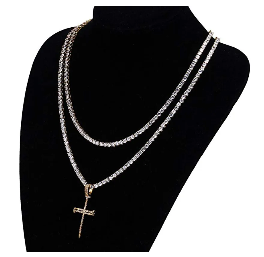 Skinny Nail Cross Necklace Simulated Diamond Cross Pendant Tennis Chain Hip Hop Jewelry Small Jesus Nail Cross Gold Silver Color Metal Alloy 24in.