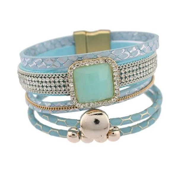 Sky Blue 5-Line Mixed Magnetic Gold Tone Bracelet