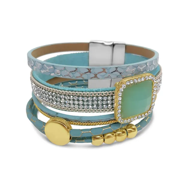 Sky Blue 5-Line Mixed Magnetic Gold Tone Bracelet