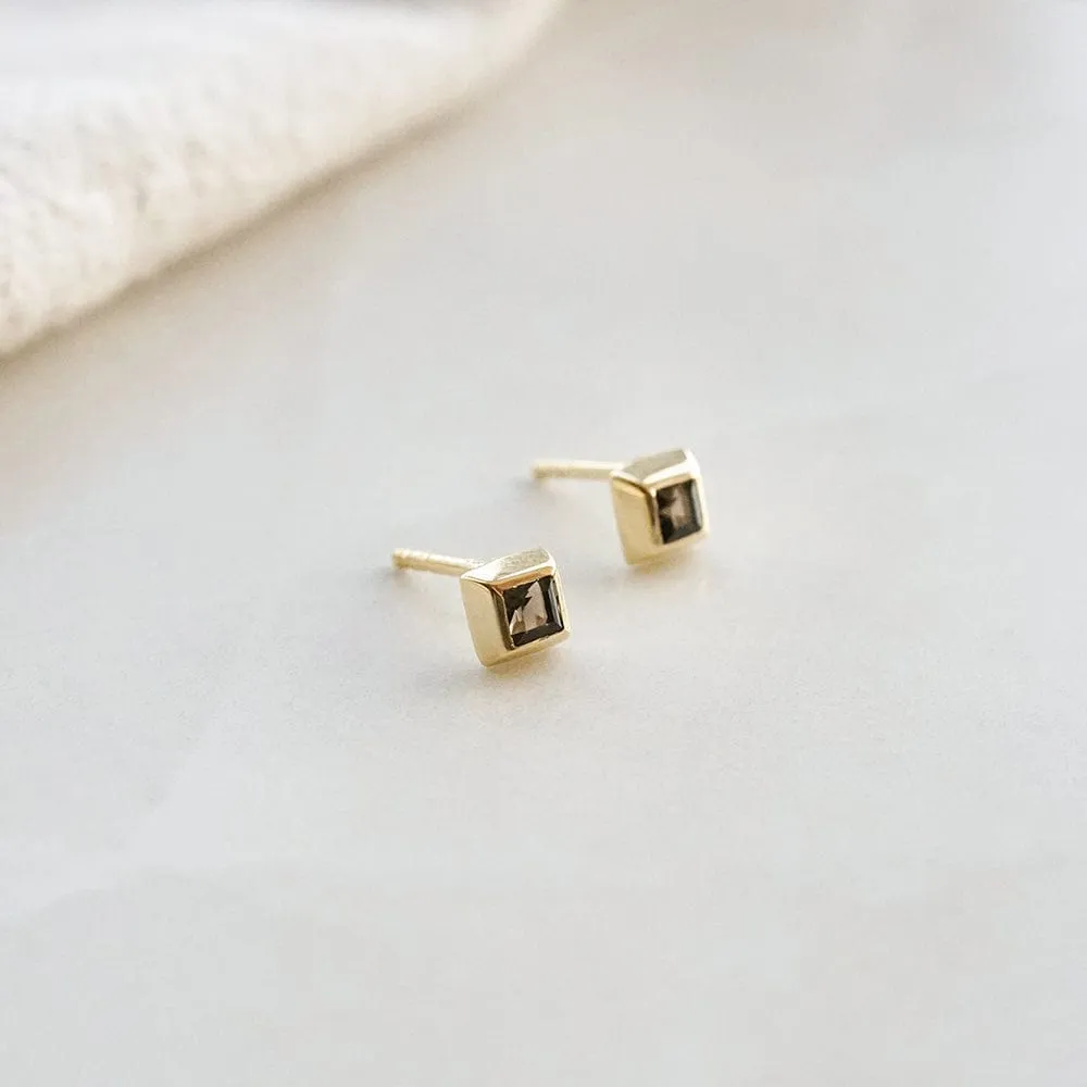 Smokey Quartz Stud Earrings 18ct Gold Plate