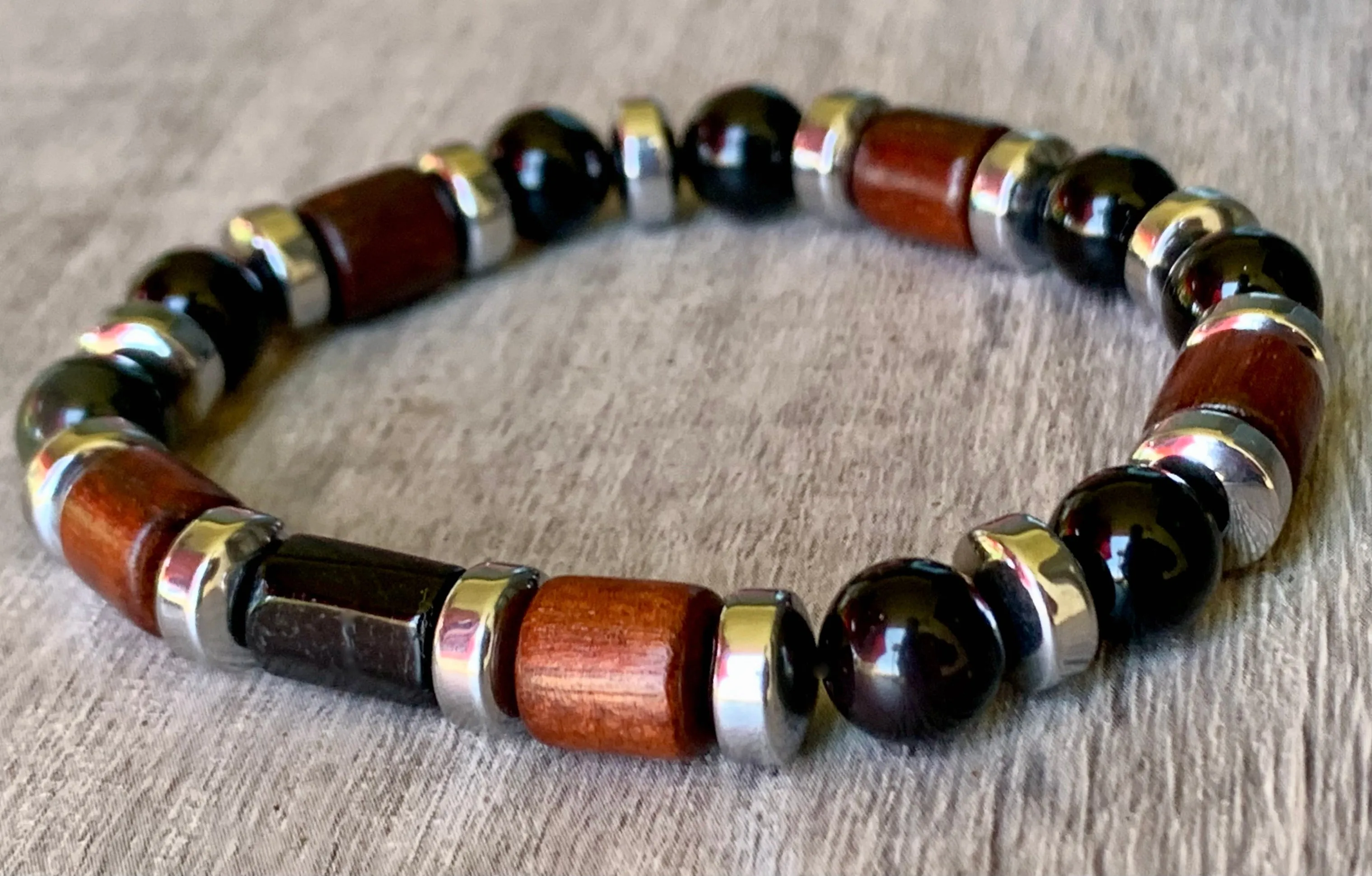 🔴SOLD🔴Jules Handmade Black Tourmaline, Obsidian, Hematite, and Wood Expandable Bracelet