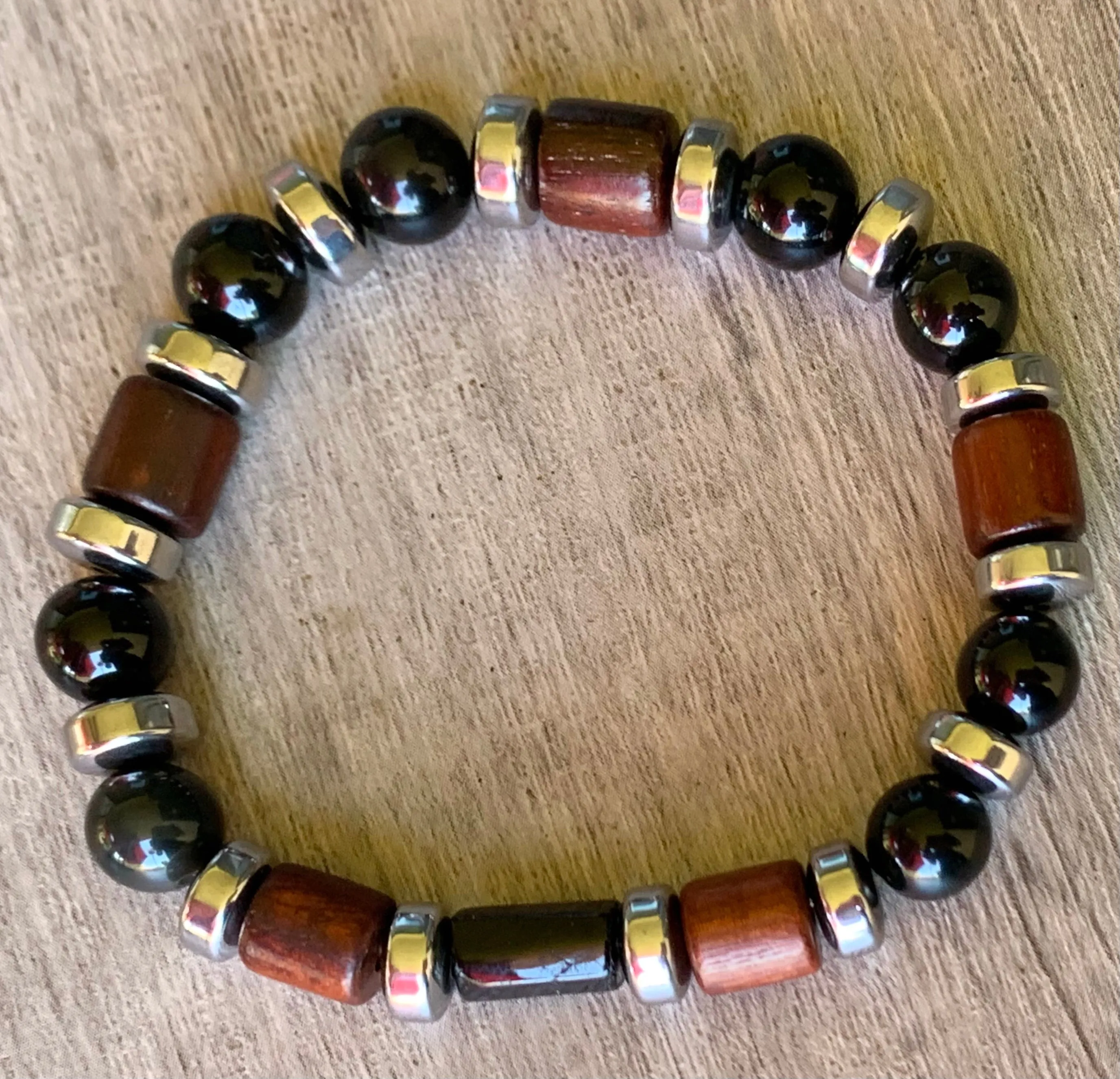 🔴SOLD🔴Jules Handmade Black Tourmaline, Obsidian, Hematite, and Wood Expandable Bracelet