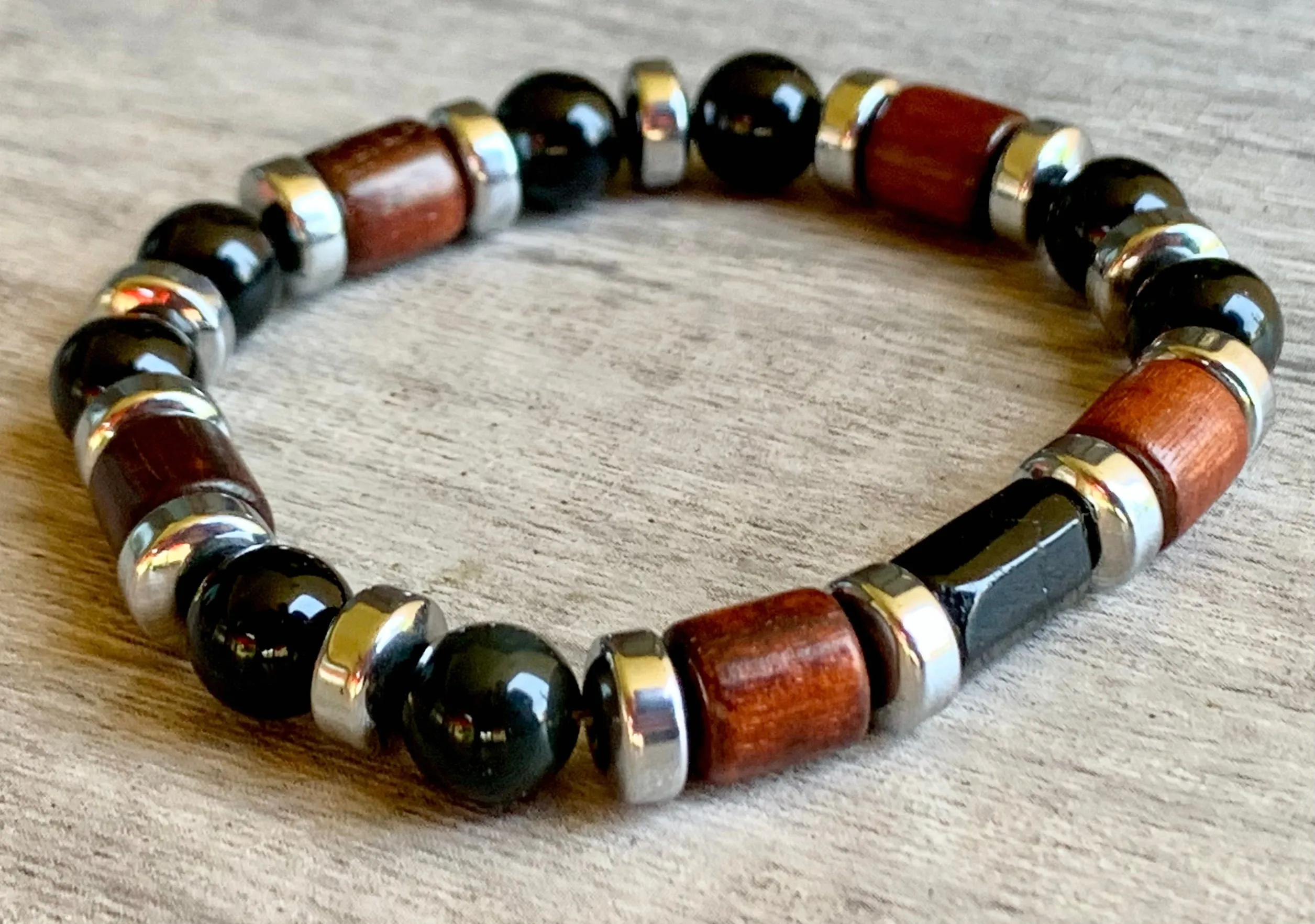 🔴SOLD🔴Jules Handmade Black Tourmaline, Obsidian, Hematite, and Wood Expandable Bracelet