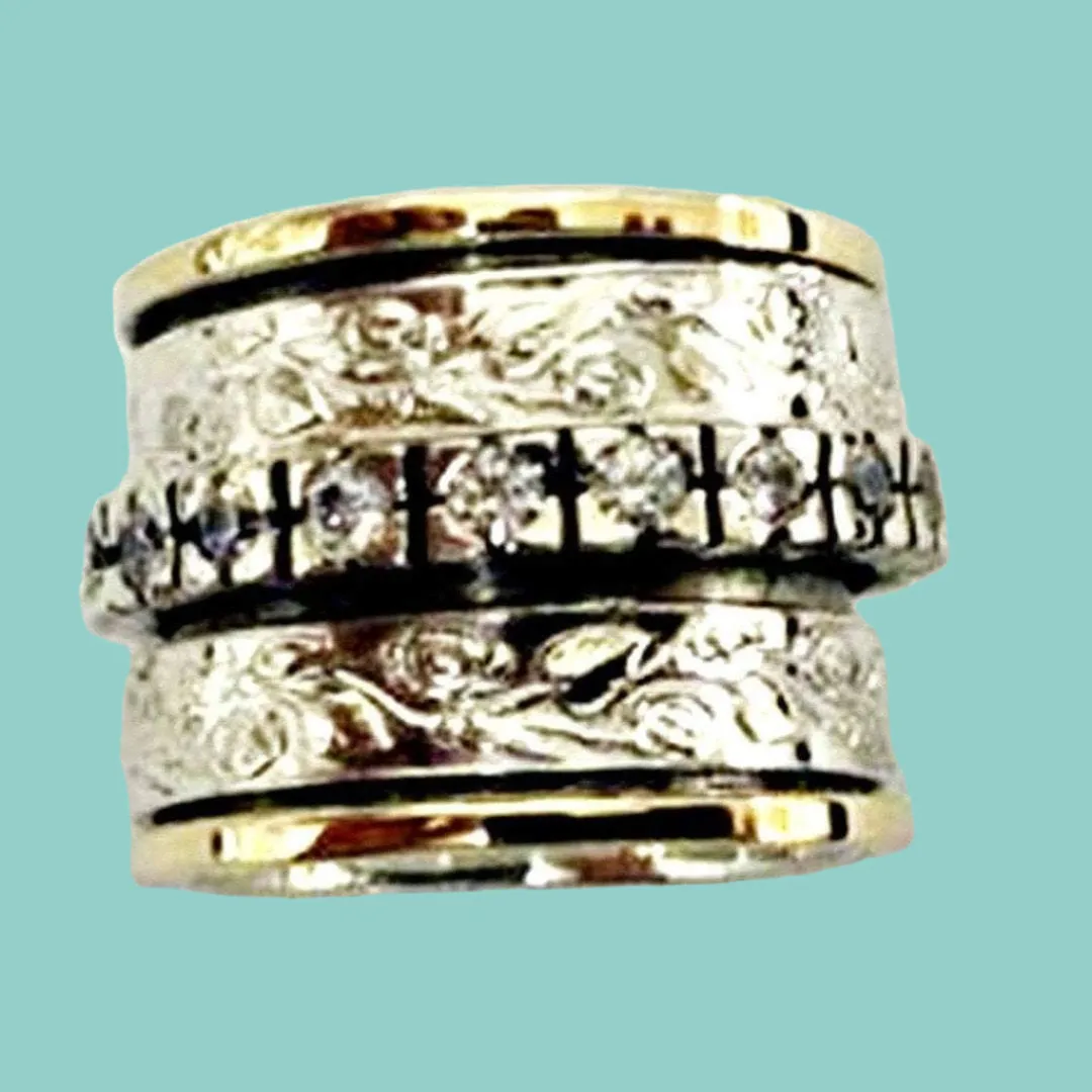 Spinner Ring, Filigree silver 9 carat gold ring , Bluenoemi CZ band