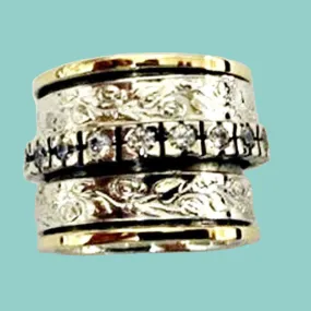 Spinner Ring, Filigree silver 9 carat gold ring , Bluenoemi CZ band