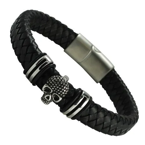 Stainless Steel Skull Charm Braided Leather Magnetic Clip Bracelet