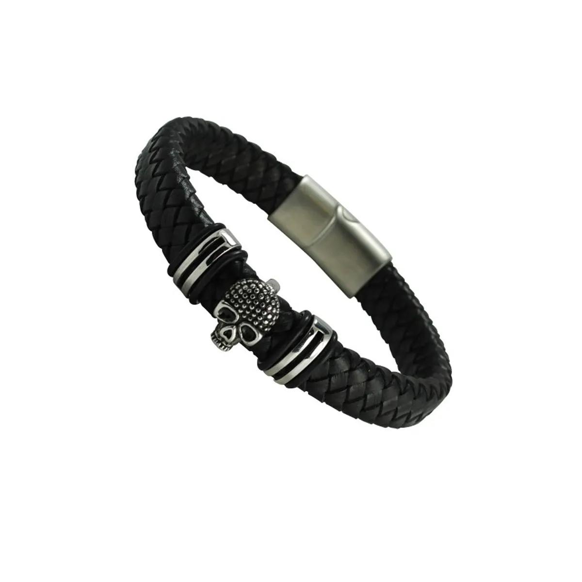 Stainless Steel Skull Charm Braided Leather Magnetic Clip Bracelet