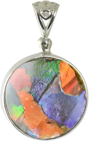 Starborn Ammolite and Sterling Silver Round Pendant with Filigree Bail