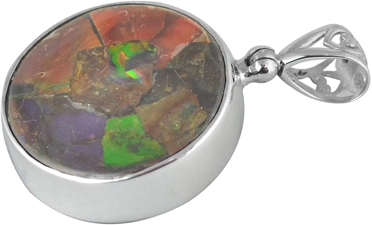 Starborn Ammolite and Sterling Silver Round Pendant with Filigree Bail