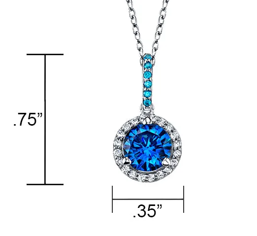 Sterling Silver 925 Round Blue Topaz Cubic Zirconia Pendant Necklace 18"