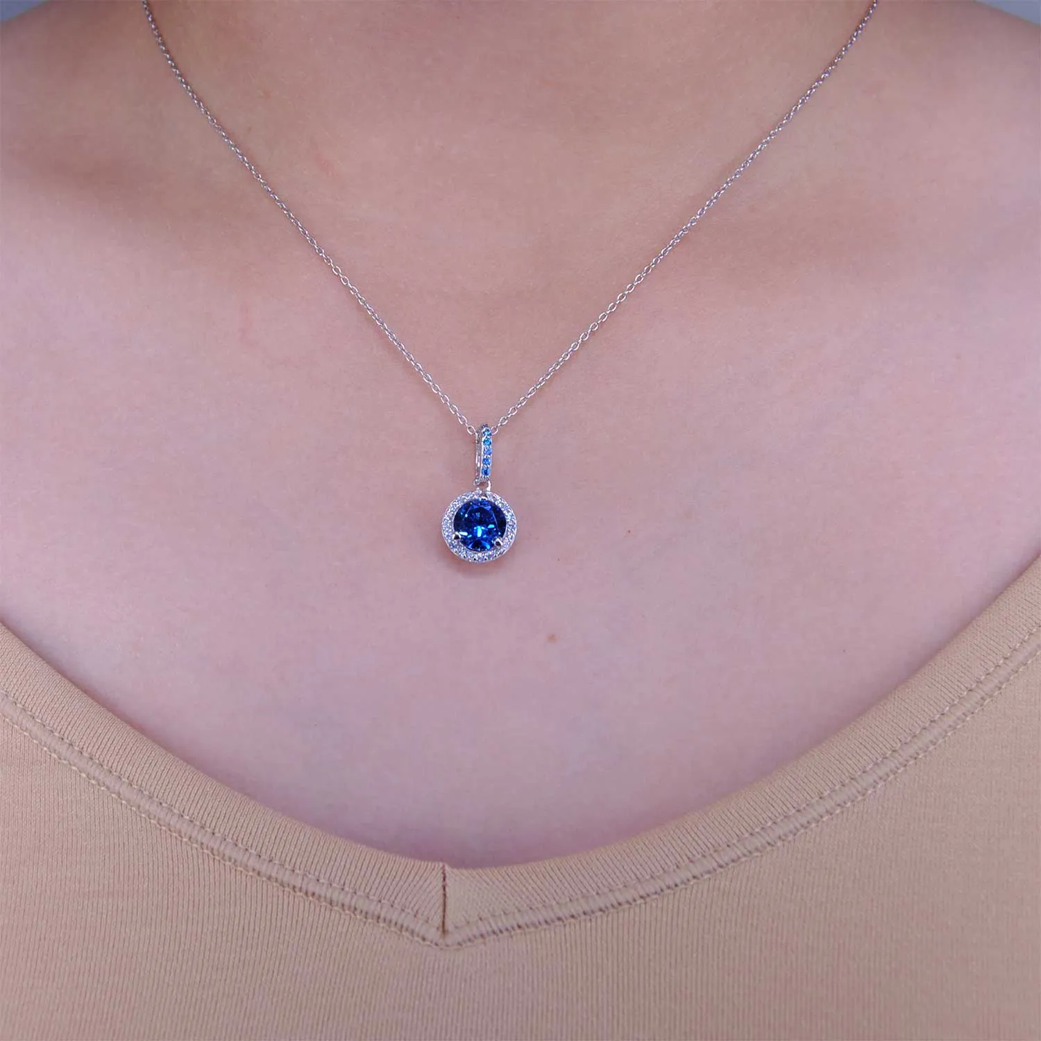 Sterling Silver 925 Round Blue Topaz Cubic Zirconia Pendant Necklace 18"