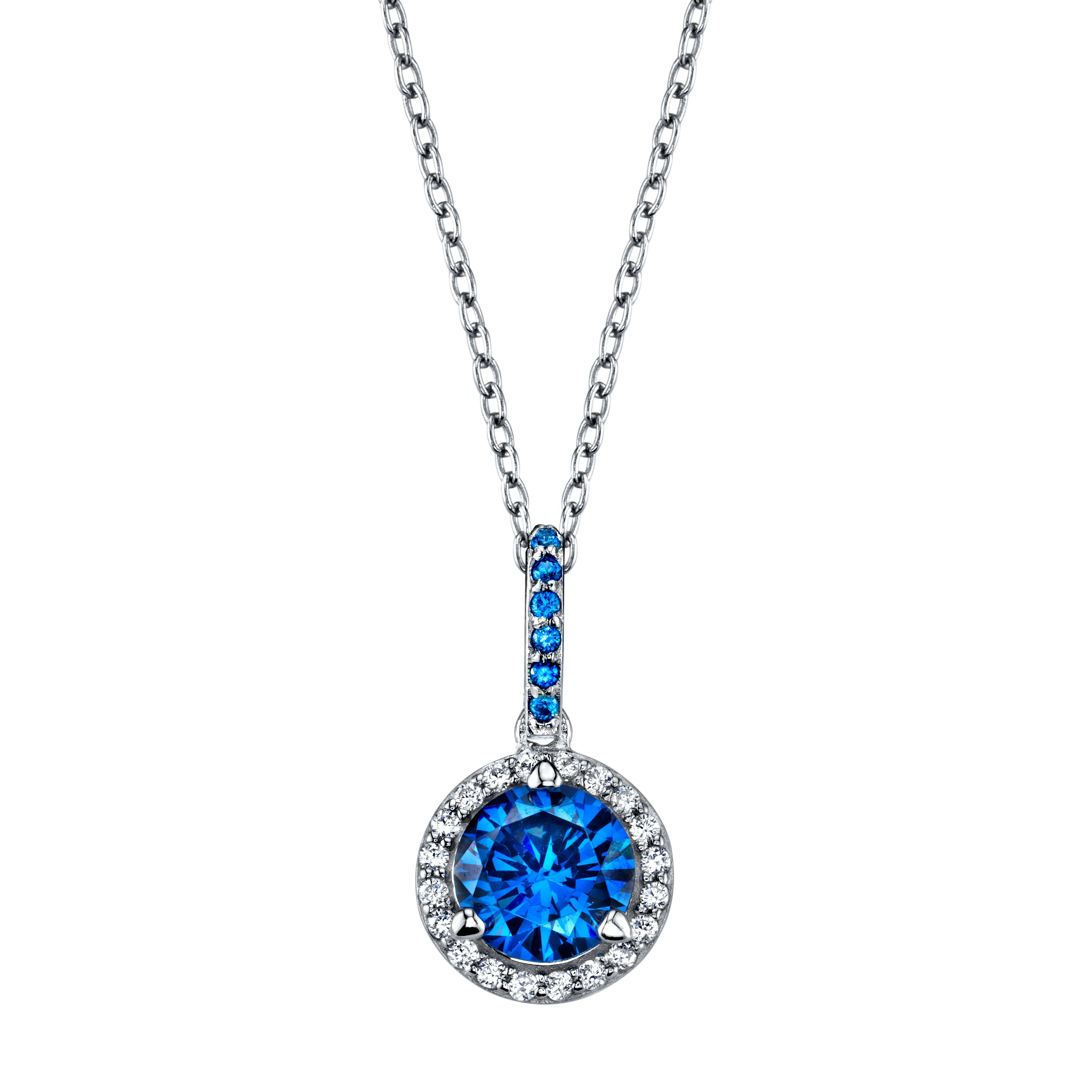 Sterling Silver 925 Round Blue Topaz Cubic Zirconia Pendant Necklace 18"