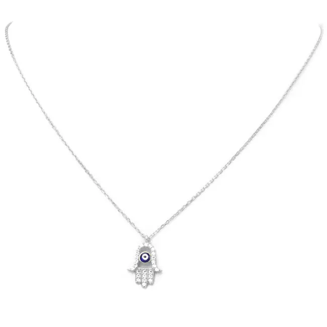 Sterling Silver CZ Pave Hamsa Pendant Necklace