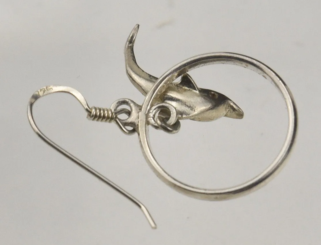 Sterling Silver Dangling Dolphins Hoop Earrings